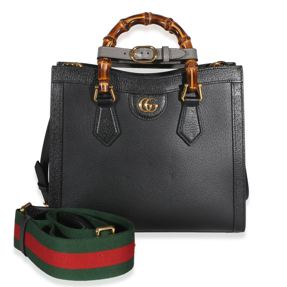 Gucci Black Textured Dollar Calfskin Web Medium Diana Tote